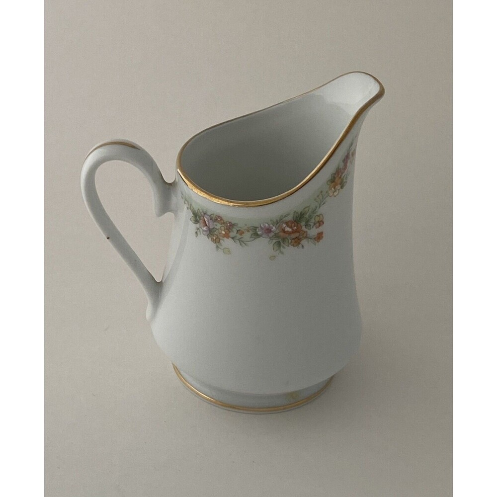 Vintage White Fine Porcelain Small 7 Ounces Creamer Gold Trimming and Flowers